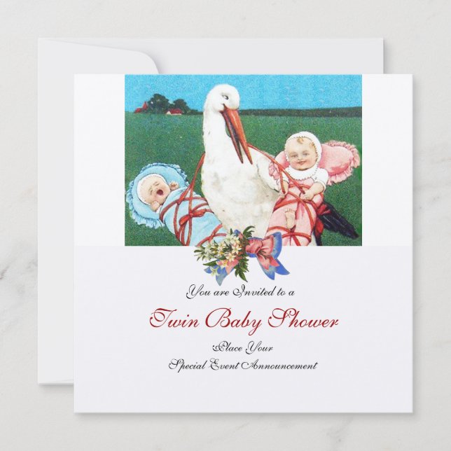 Invitation BABY SHOWER STORK TWIN, champagne métallique (Devant)
