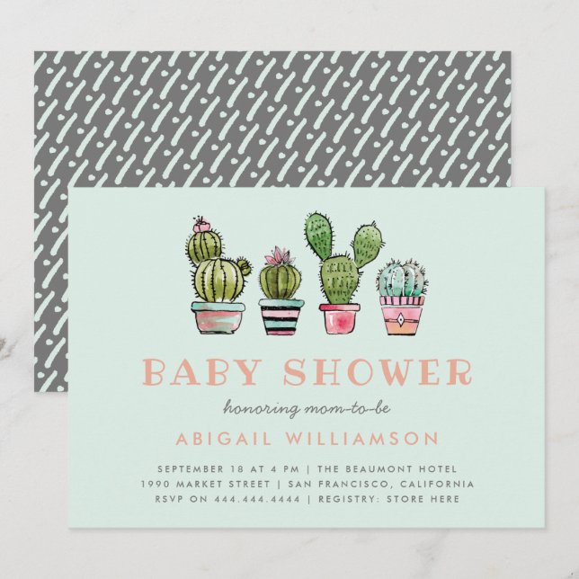 Invitation Baby shower Succulent de cactus d'aquarelle (Devant / Derrière)
