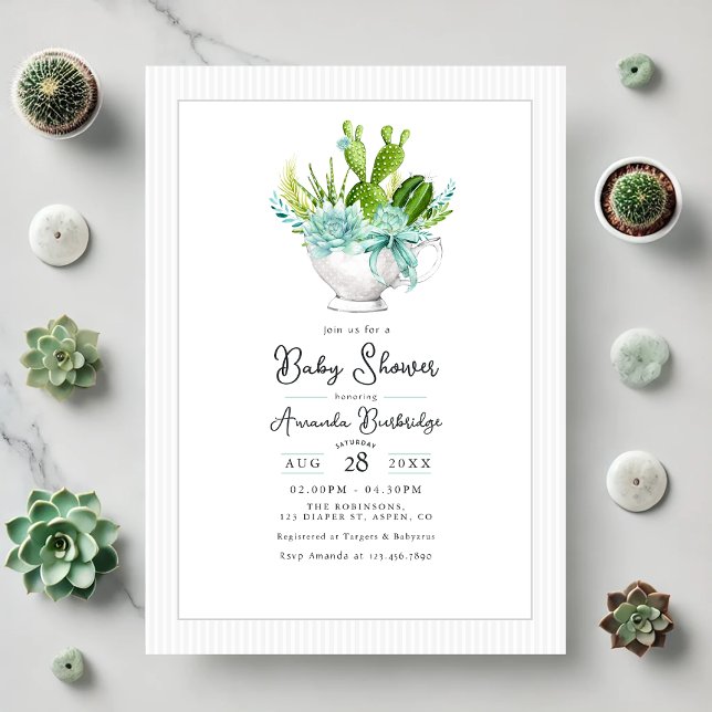 Invitation Baby shower Succulent de charme (Charming Succulent Teacup Baby Shower Invitation)