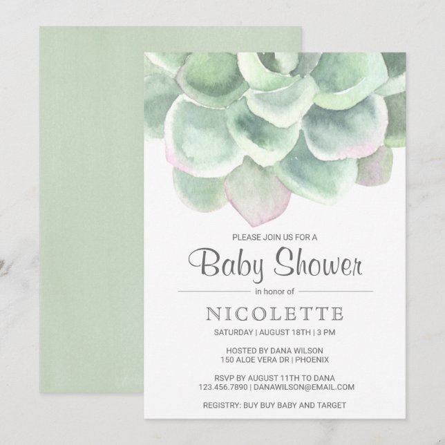 Invitation Baby shower Succulent vert Sage neutre selon le se (Devant / Derrière)
