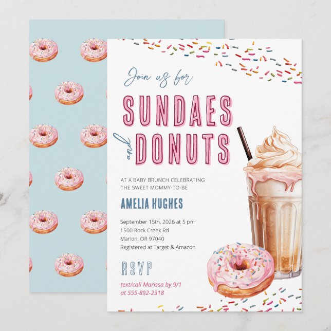 Invitation Baby shower Sundaes Milkshakes Donuts Brunch Lunch (Devant / Derrière)
