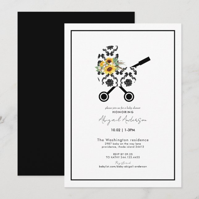 Invitation Baby shower Sunflower & Black Damask Pram (Devant / Derrière)