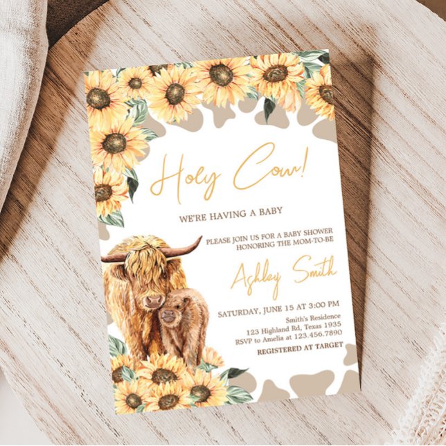 Invitation Baby shower Sunflower Highland Cow (Summer Holy Cow Baby Shower Invitation)