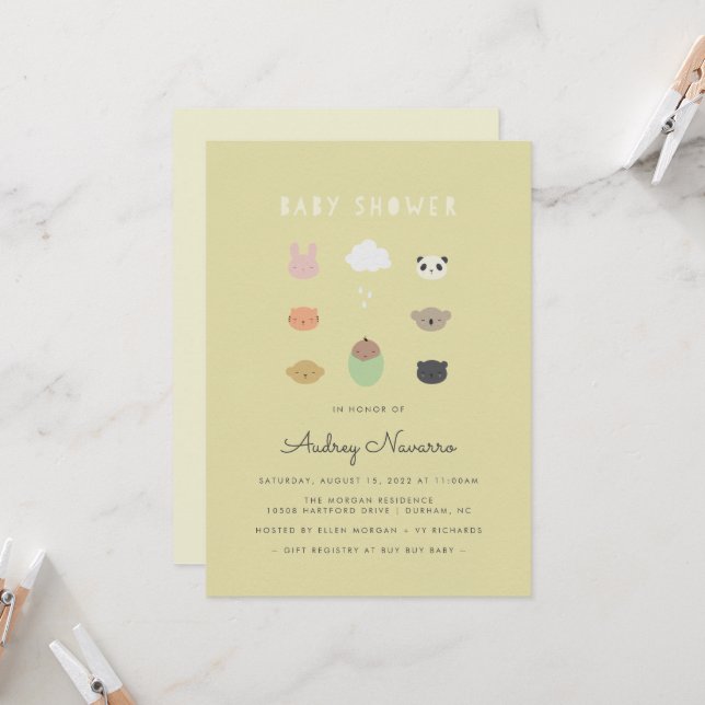 Invitation Baby shower Sunshine Animaux (Devant/Arrière en situation)