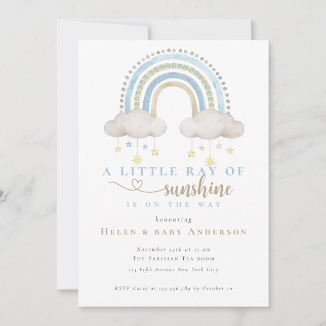 Invitation Baby shower Sunshine Blue Boho Rainbow Boy (Devant)