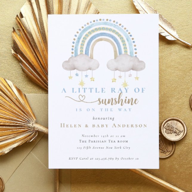 Invitation Baby shower Sunshine Blue Boho Rainbow Boy (Blue Watercolor Boho Rainbow Boy Baby Shower Invitation)