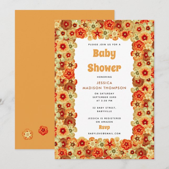 Invitation Baby shower super Retro Orange Hippie Fleurs (Devant / Derrière)