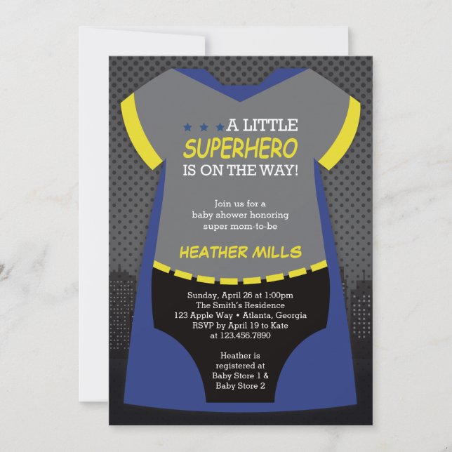 Invitation Baby shower Superhero, Bleu, Invi noir (Devant)