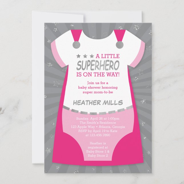 Invitation Baby shower Superhero Invitation, Rose, Argent Inv (Devant)
