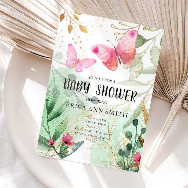 Invitation Baby Shower sur le thème Papillon Rose Or Végétali (Créateur téléchargé)
