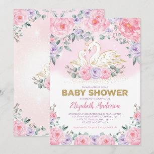 Invitation Baby shower Swan Princess Lavender Pink Peonies