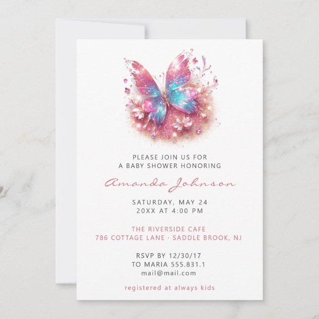 Invitation Baby shower Sweet 16e papillon fille rose blanc (Devant)