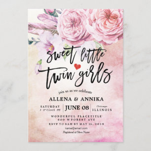 Invitation Baby shower Sweet Little Twin Girls Boho Fleurs