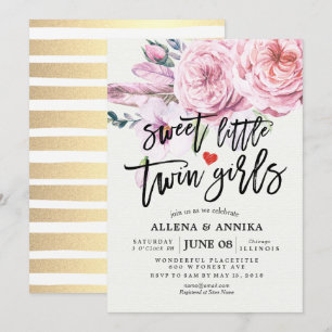 Invitation Baby shower Sweet Little Twin Girls Boho Fleurs