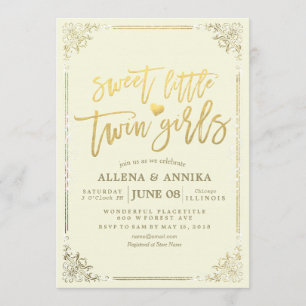 Invitation Baby shower Sweet Little Twin Girls Gold Frame