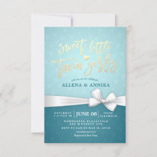 Invitation Baby shower Sweet Little Twin Girls White Ribbon