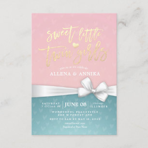 Invitation Baby shower Sweet Little Twin Girls White Ribbon