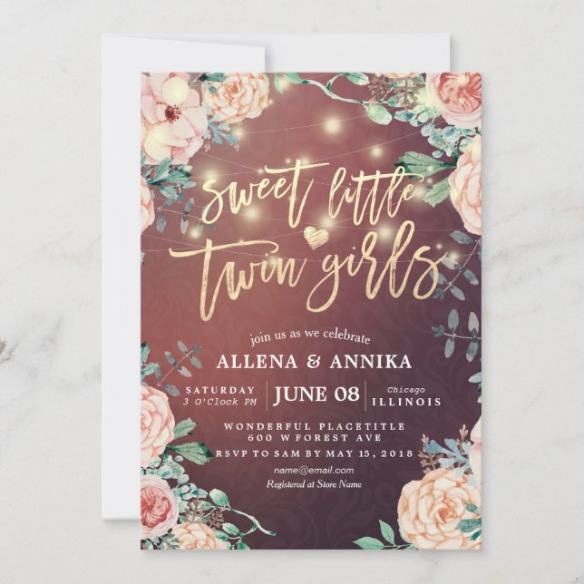 Invitation Baby shower Sweet Petites Filles jumelles Fleurs L (Devant)