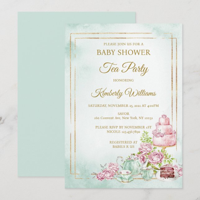 Invitation Baby shower Tea Party (Devant / Derrière)