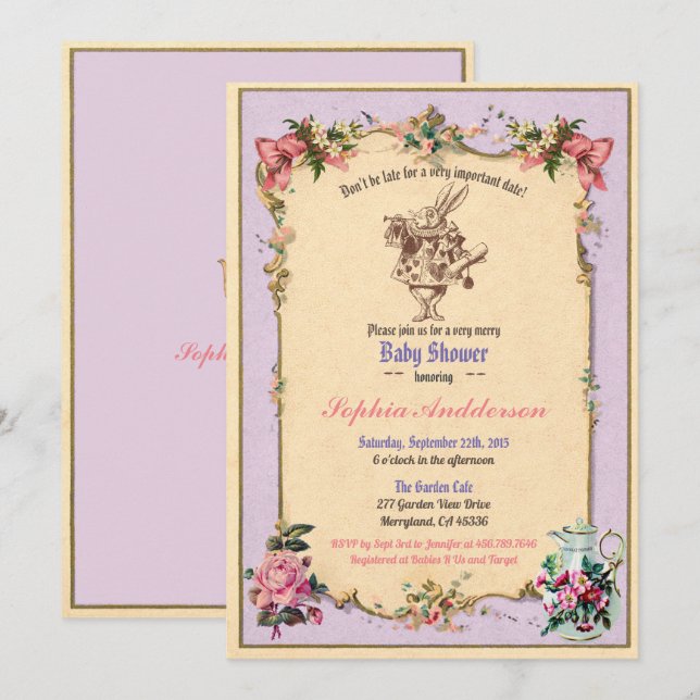 Invitation Baby shower tea party lilas sip pourpre et voir (Devant / Derrière)