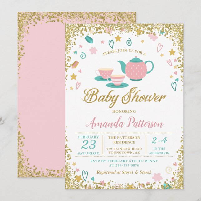 Invitation Baby shower Tea Party Parties scintillant rose or (Devant / Derrière)