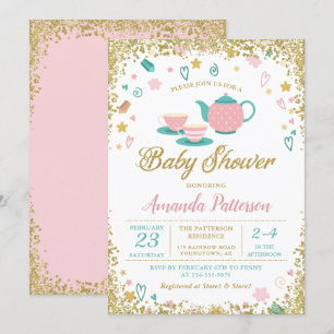 Invitation Baby shower Tea Party Parties scintillant rose or