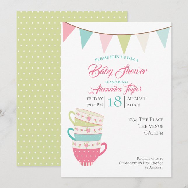 Invitation Baby shower Tea Party personnalisé (Devant / Derrière)
