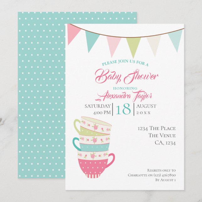 Invitation Baby shower Tea Party personnalisé (Devant / Derrière)