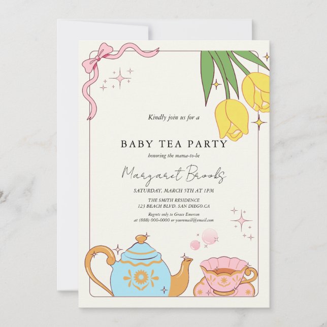 Invitation Baby shower Tea Party rose Jaune (Devant)