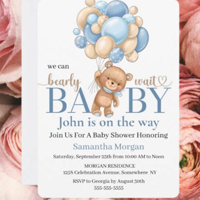 Invitation Baby shower Teddy Bear Balloon thème garçon ( We are throwing a Teddy Bear Baby Shower for our little bundle of joy)