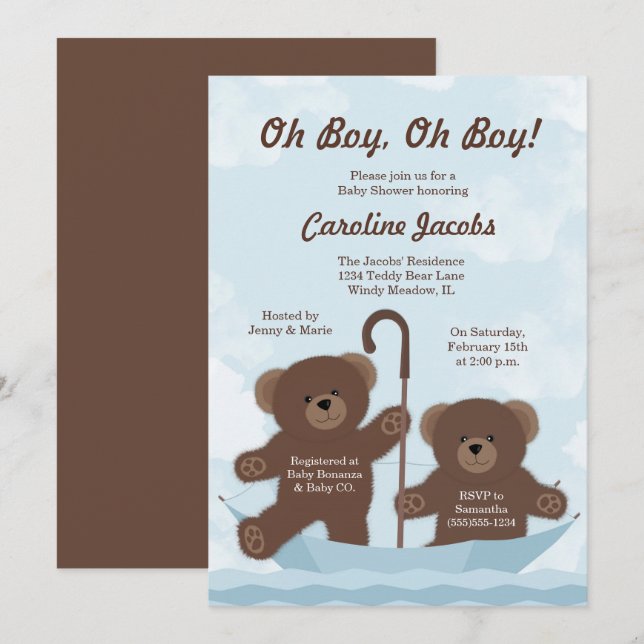 Invitation Baby shower Teddy Bear Boy Twins (Devant / Derrière)