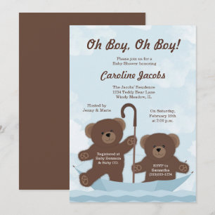 Invitation Baby shower Teddy Bear Boy Twins