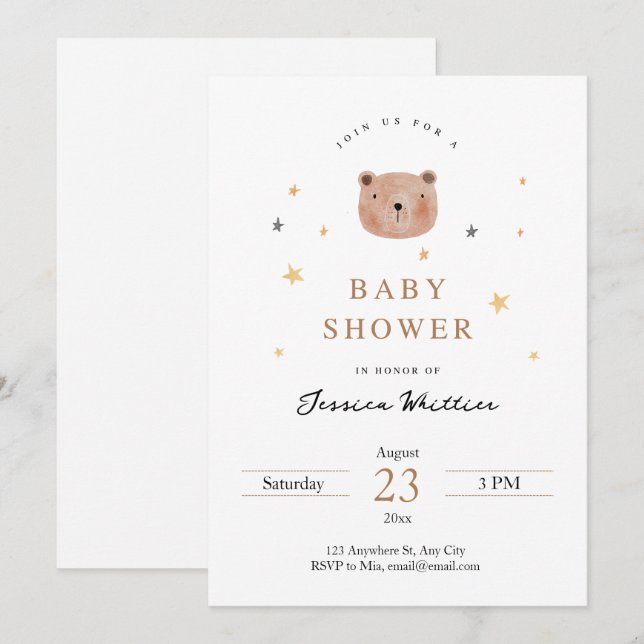 Invitation Baby shower Teddy Bear et Stars (Devant / Derrière)