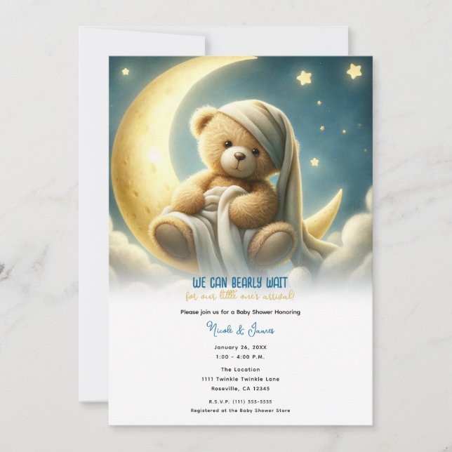 Invitation Baby shower Teddy Bear on Moon Glow Stars (Devant)