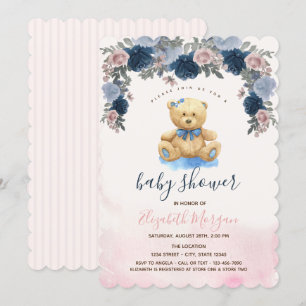 Invitation Baby shower Teddy Bear Pink Stripes