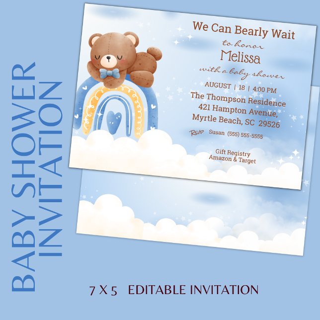 Invitation Baby shower Teddy Bear Rainbow Boys (Créateur téléchargé)