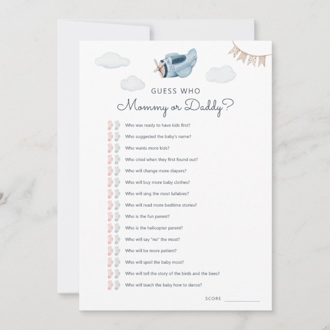 Invitation Baby shower Téléchargeable Devis Qui Game Card (Devant)