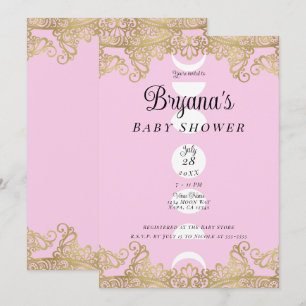 Invitation Baby Shower Temple de la Lune Rose et Or Orné