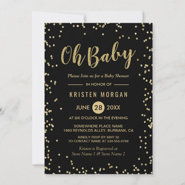 Invitation Baby shower tendance Black Gold Parties scintillan (Devant)