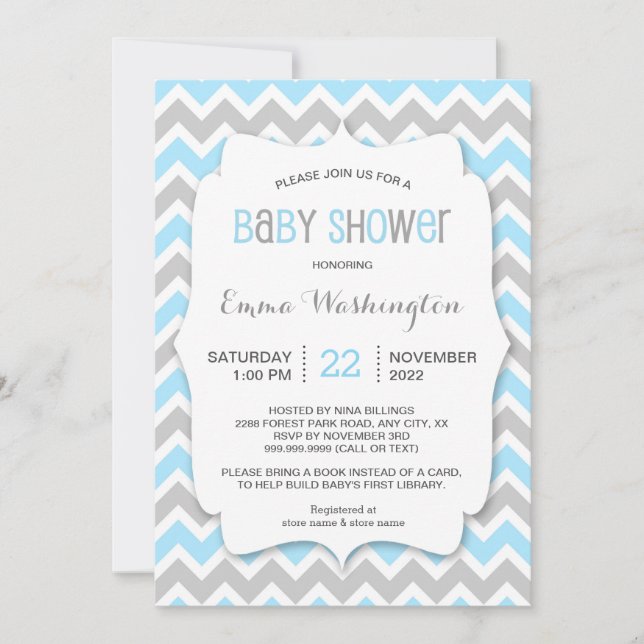 Invitation Baby shower tendance Blue Grey BOY (Devant)