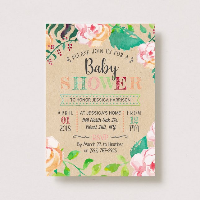 Invitation Baby shower tendance de typographie florale de pri (Créateur téléchargé)