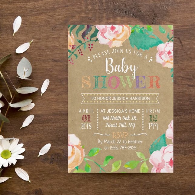 Invitation Baby shower tendance de typographie florale de pri (Créateur téléchargé)