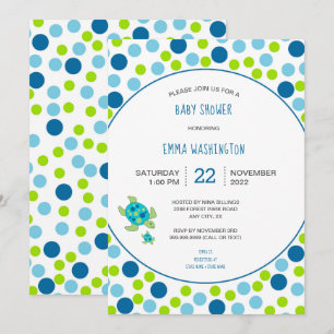 Invitation Baby shower tendance tortue de mer bleu vert point