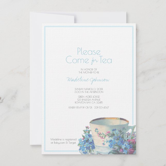 Invitation baby shower thé vintage élégant bleu (Devant)
