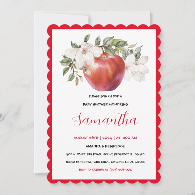 Invitation Baby Shower Thème Pomme Rouge Unique (Devant)