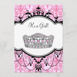 Invitation Baby shower Tiara rose noir Damas