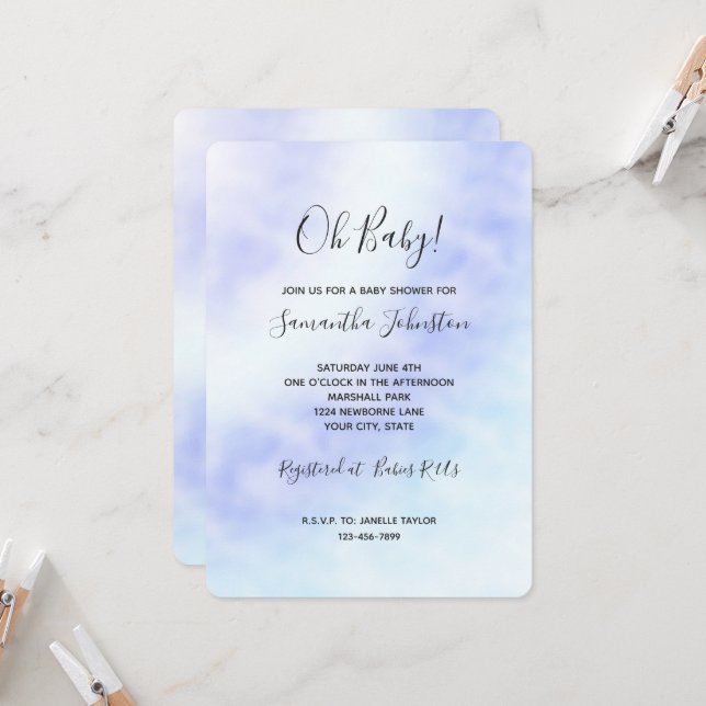 Invitation Baby shower tie-dye bleu aqua blanc violet (Devant/Arrière en situation)