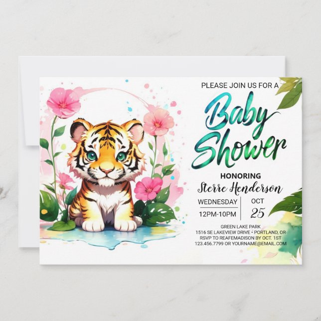 Invitation Baby shower tigre en fleurs de la jungle (Devant)