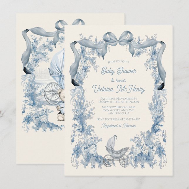 Invitation Baby shower Toile De Joey Floral Bow (Devant / Derrière)
