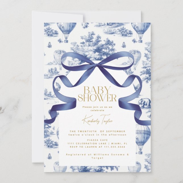 Invitation Baby shower Toile De Jouy Dusty Blue Bow (Devant)
